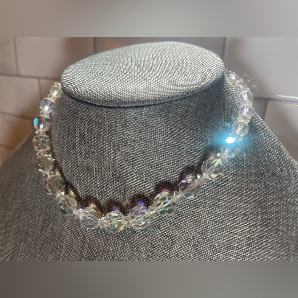 Coro Signed Vintage Clear AB Aurora Borealis Faceted Crystal Choker Necklace